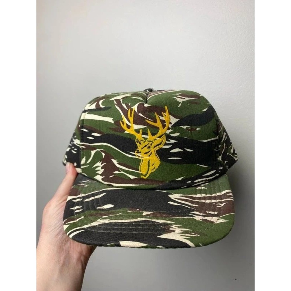 Vintage Camo Snapback Hat Tiger Stripe Camouflage Yellow Deer Buck Hunting Cap
